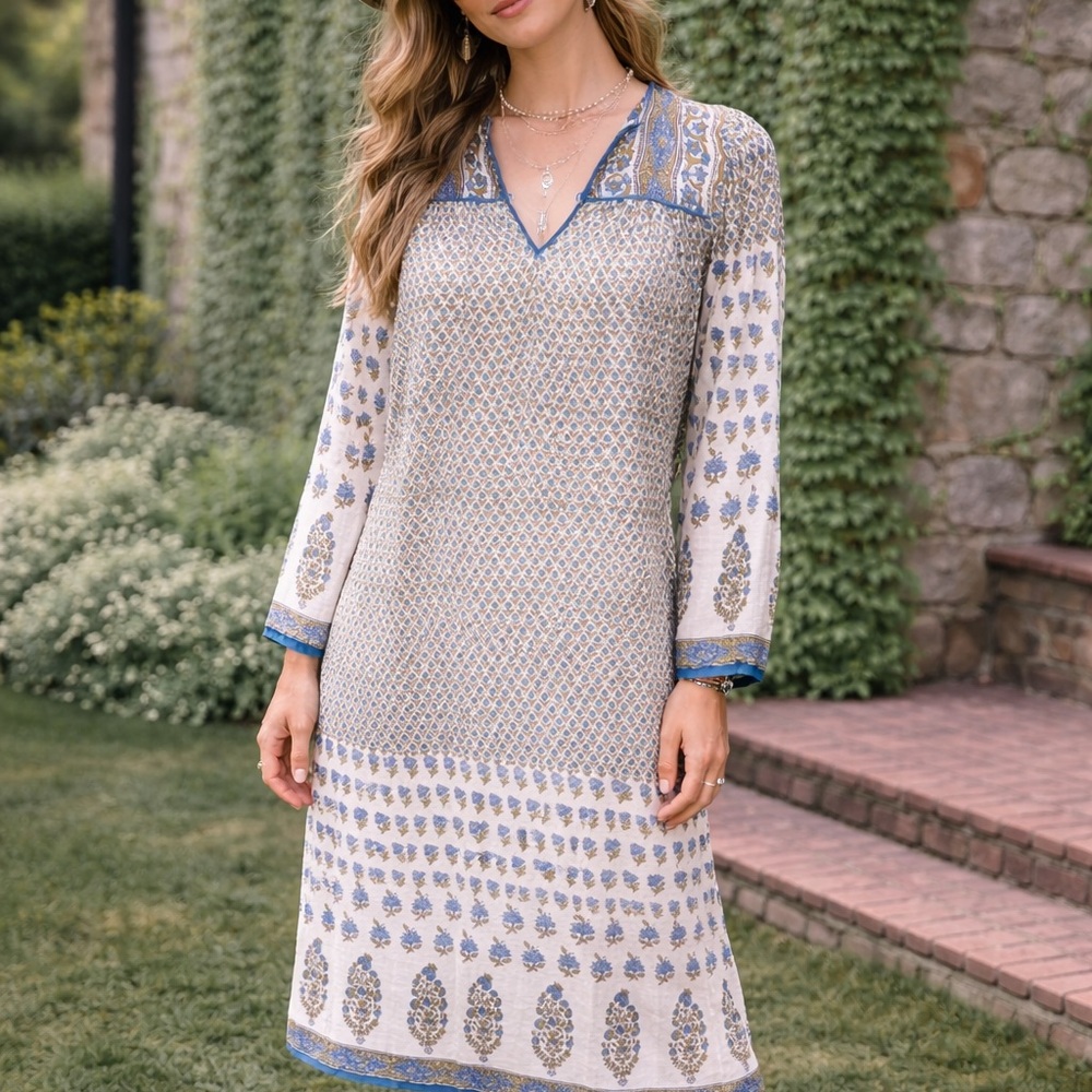 VINTAGE MADRAS Blue Floral Indian Block Print Boho Midi Dress, M
